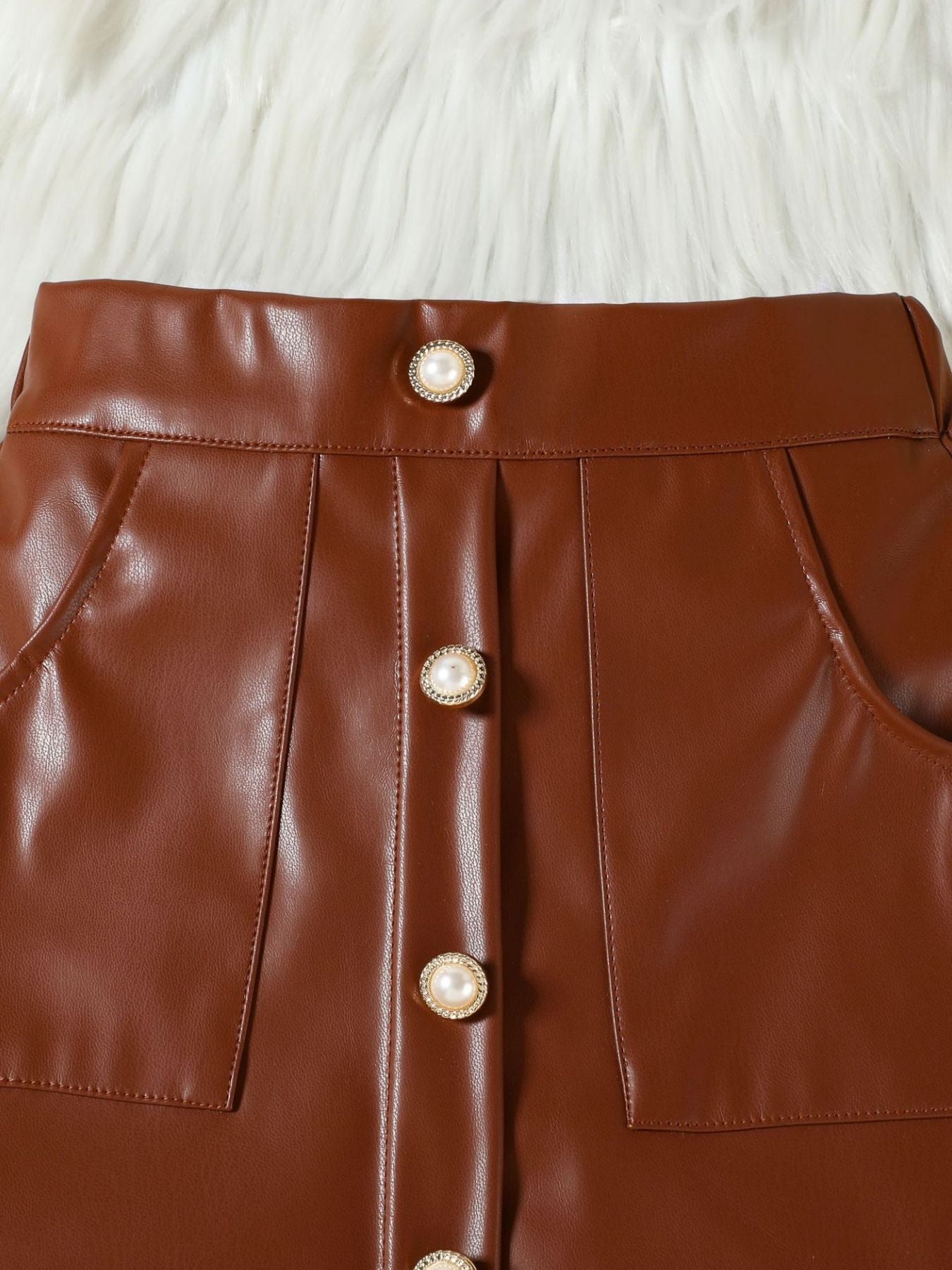 Children's Ruffled Trim Ribbed Top & Faux Leather Skirt Set - -