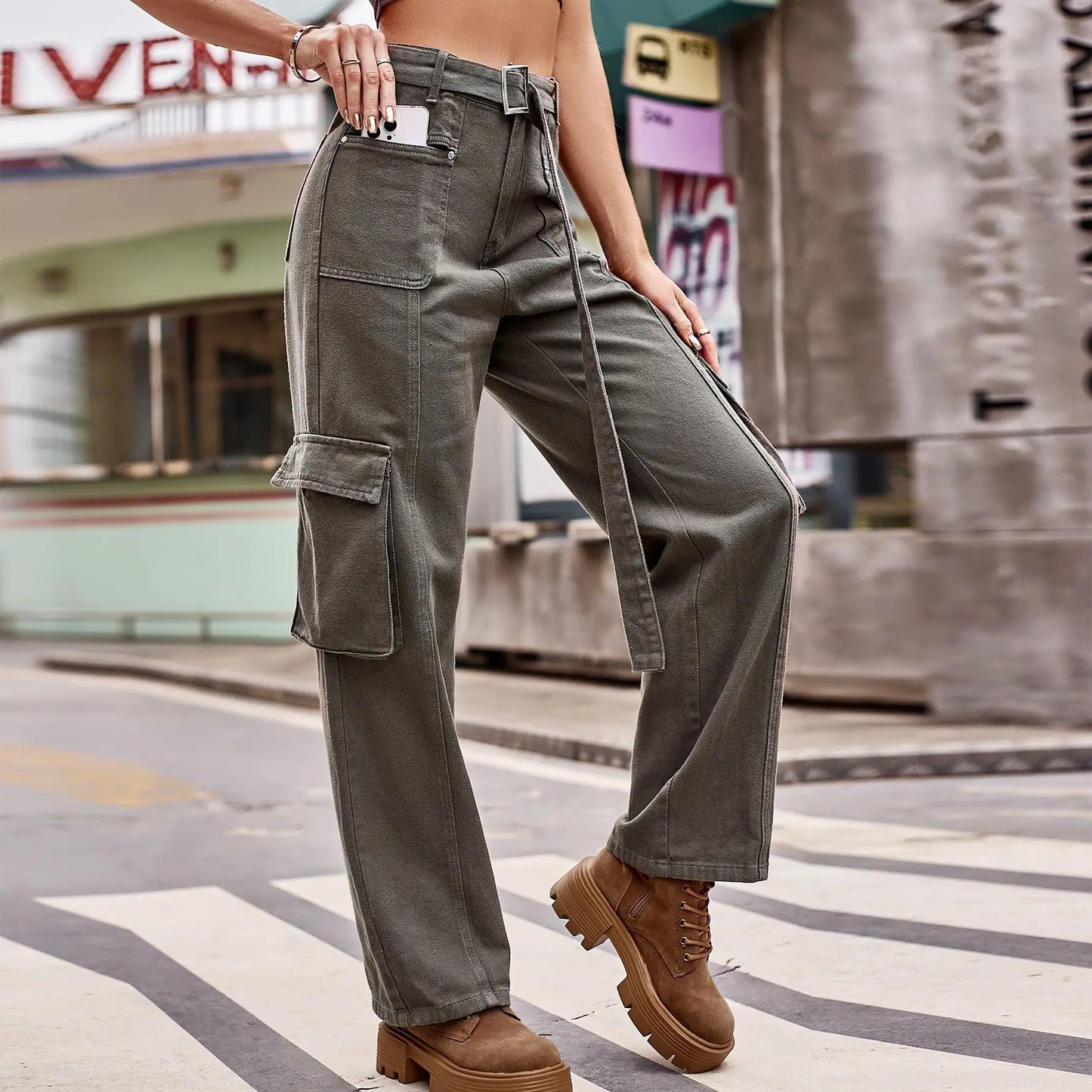 Denim Casual Pants Waist Band Loose Fit Multi-Pocket Wide Leg Pants