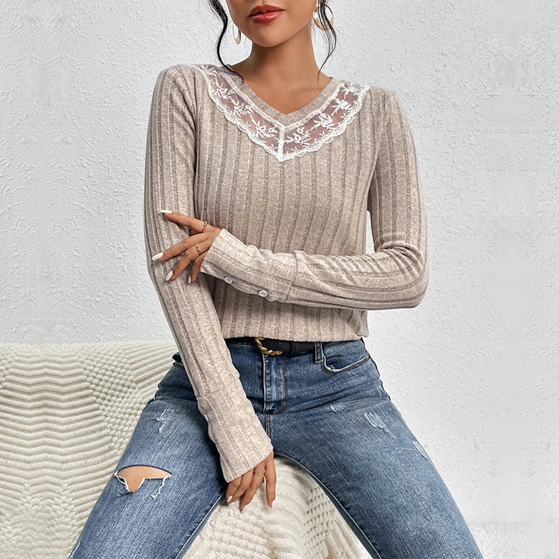 Lace V-Neck Vertical Stripe Long Sleeve Top