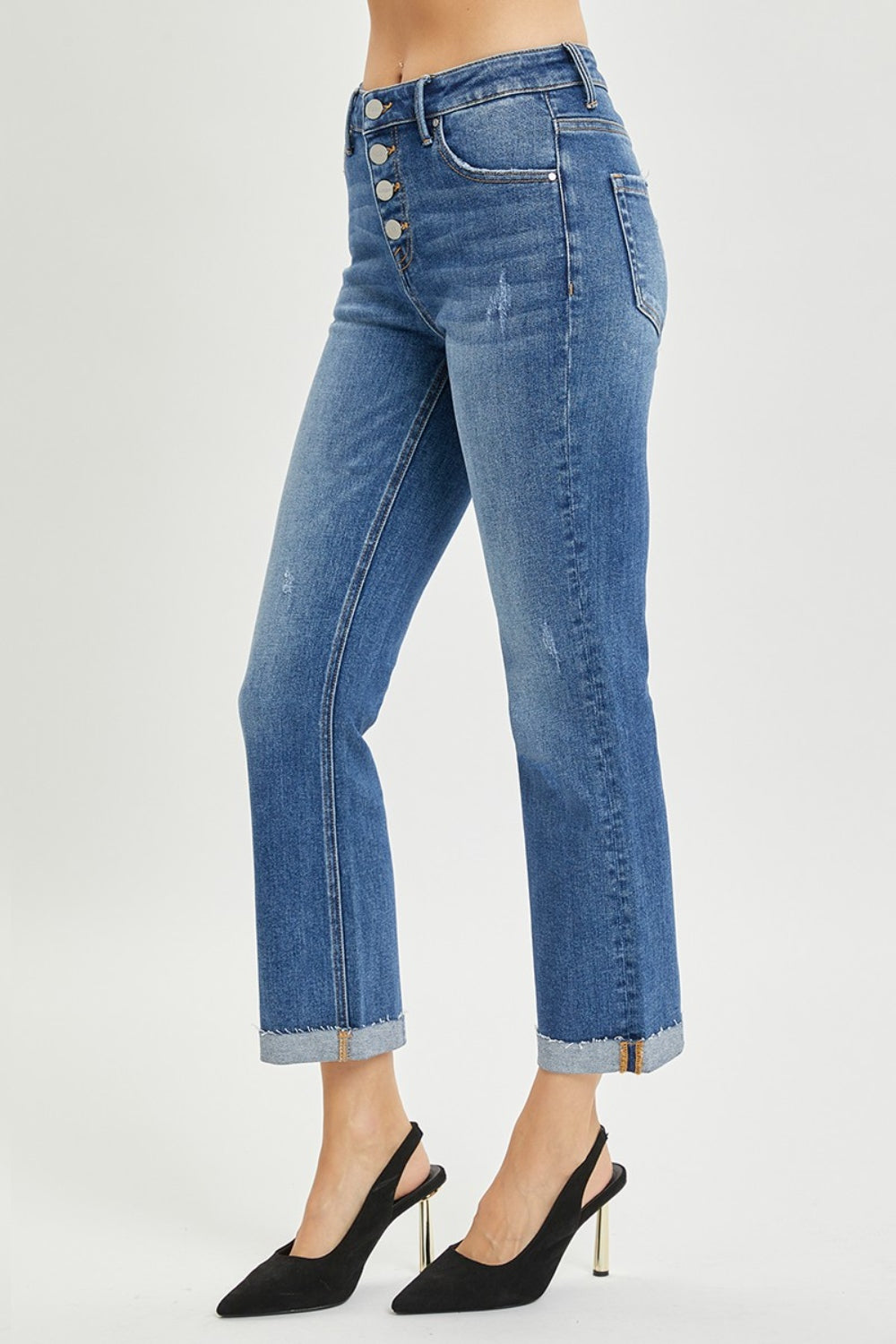 RISEN Button Fly Flared Leg Blue Denim Cropped Jeans - - jeans