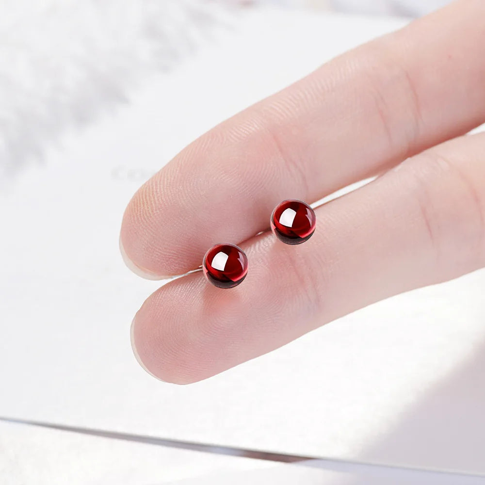 Red Garnet Stone Stud Earrings Small Round Ball Earrings for Women