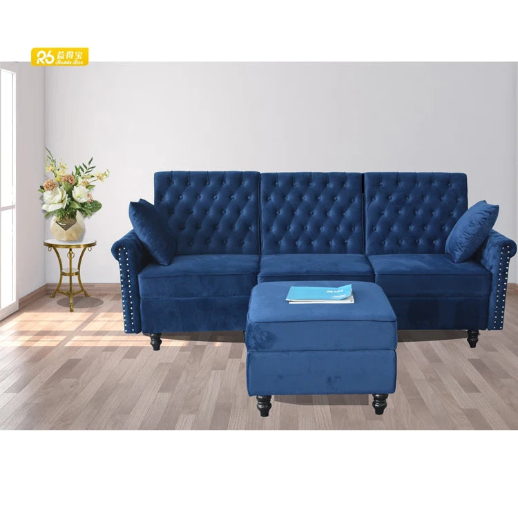 Modern Blue Velvet Chesterfield Sofa 3 Seat With Stool