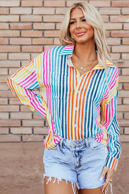 Striped Collared Neck Long Sleeve Shirt - -