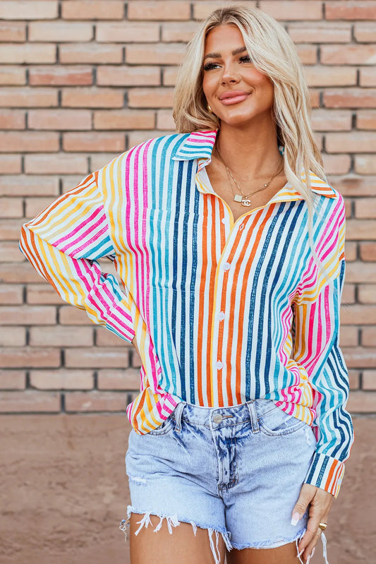 Striped Collared Neck Long Sleeve Shirt - -