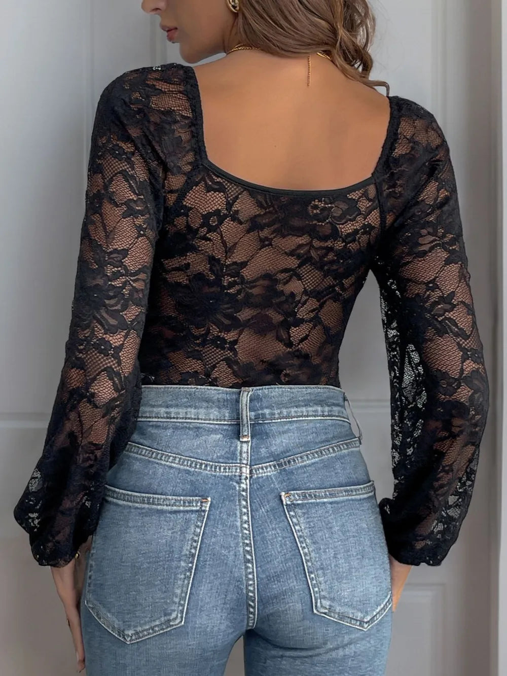 Perfee Lace V-Neck Long Sleeve Bodysuit - - Bodysuit