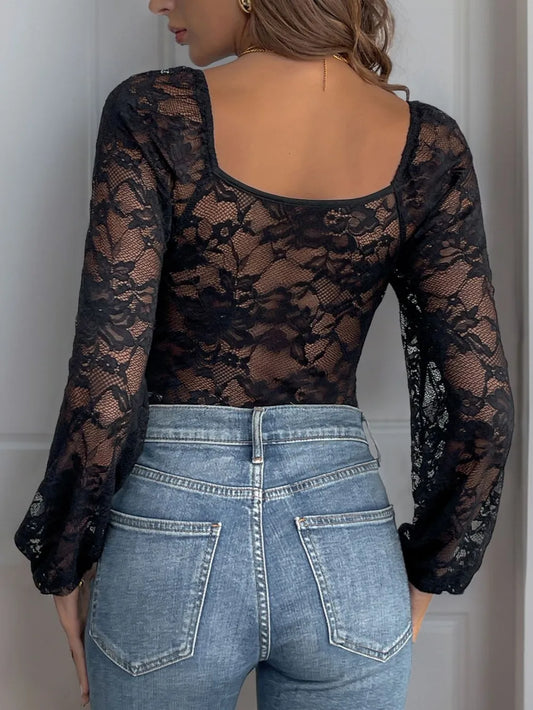 Perfee Lace V-Neck Long Sleeve Bodysuit - - Bodysuit
