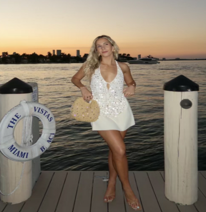 Sequin V-Halter Top - White Large - halter top