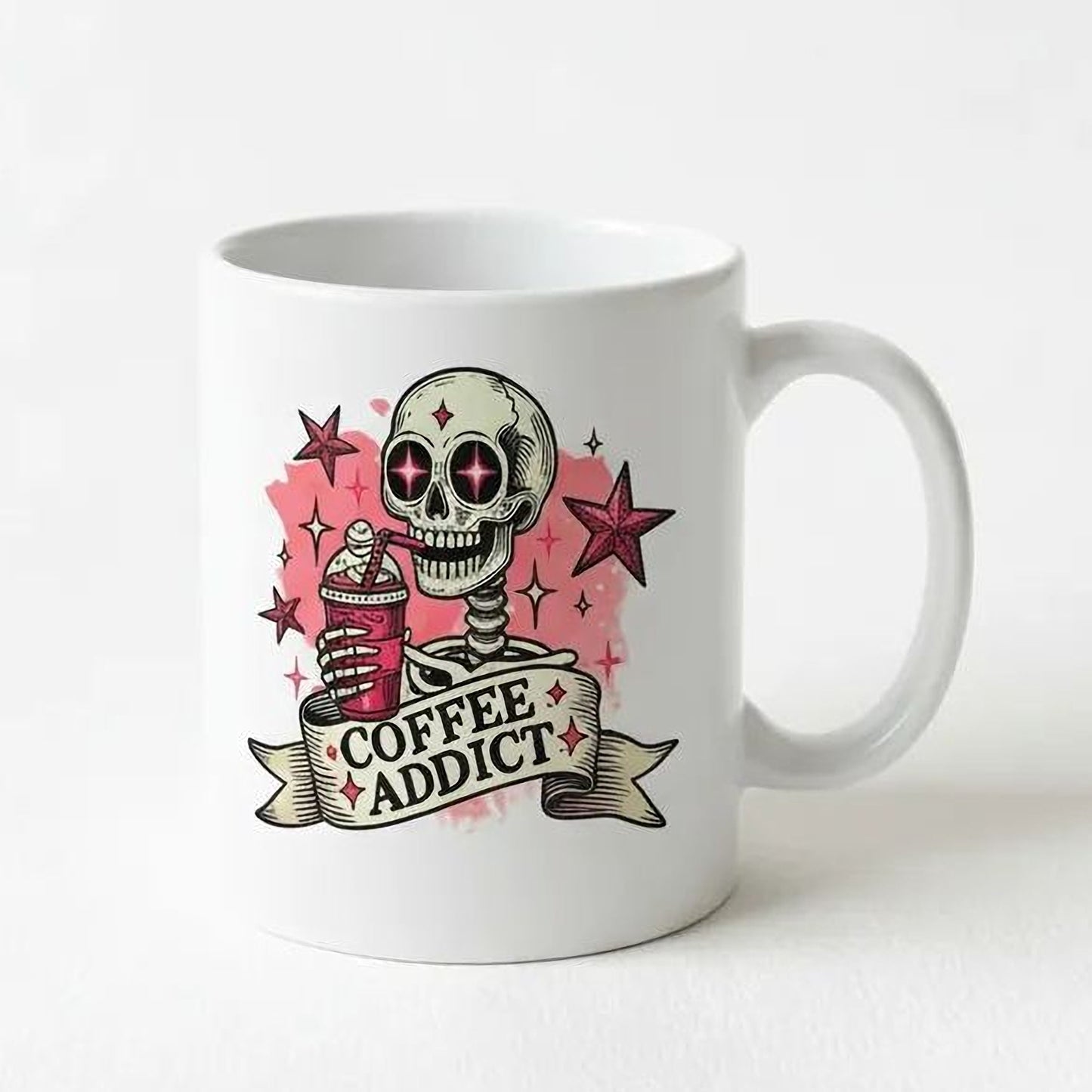 Coffee Addict Mug – Pink Skull Coffee Cup | Funny Caffeine Lover Gift, Ceramic, Dishwasher Safe - -