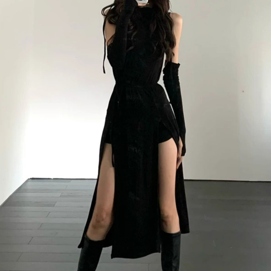 Womens Retro Hooded Slit Long Dress - - dress