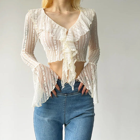 Women Lace Blouse Crop Top Female