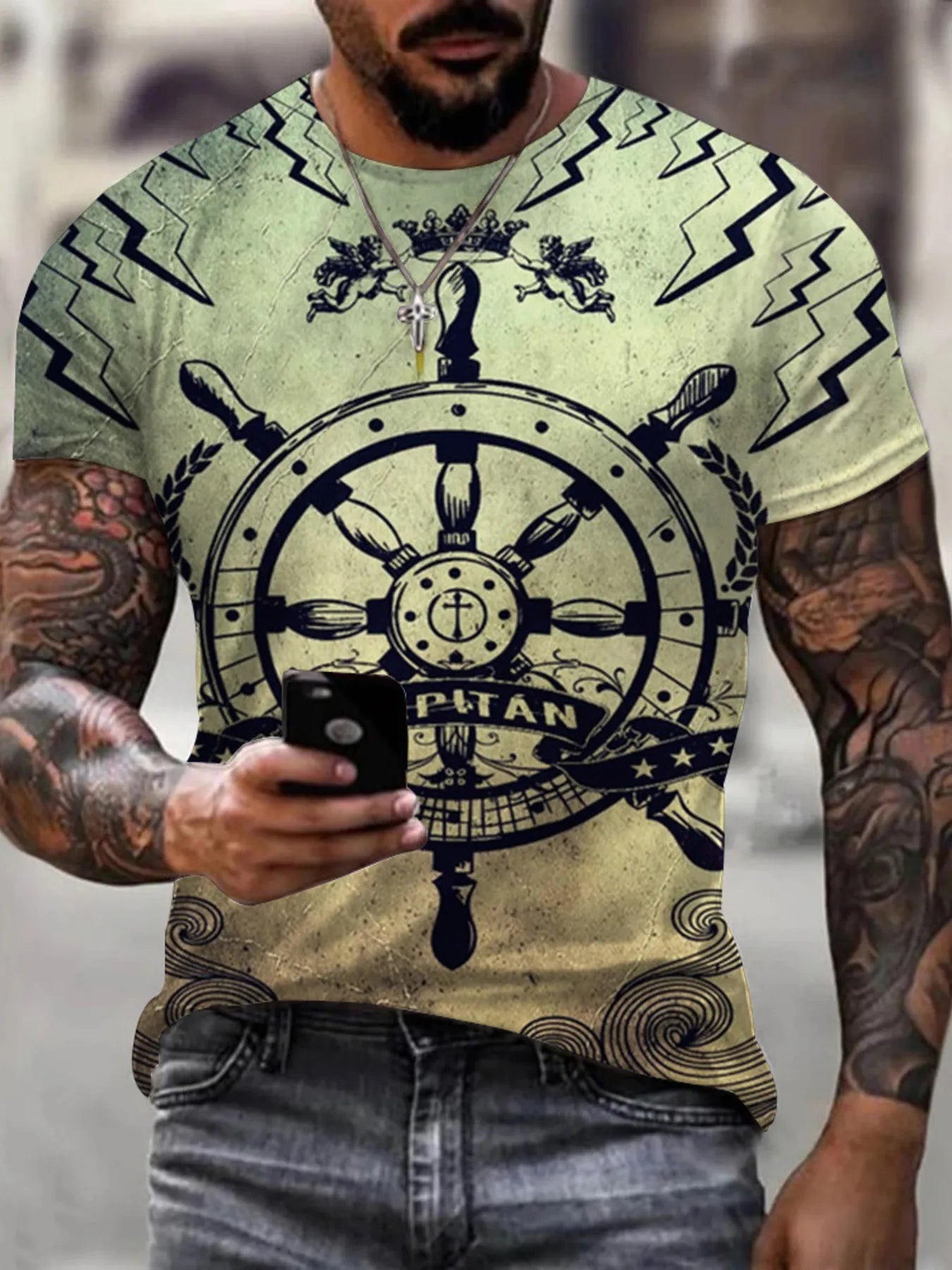 Men's Full Size Artistic Compass Graphic Round Neck T-Shirt Plus Size - Yellow-Green -
