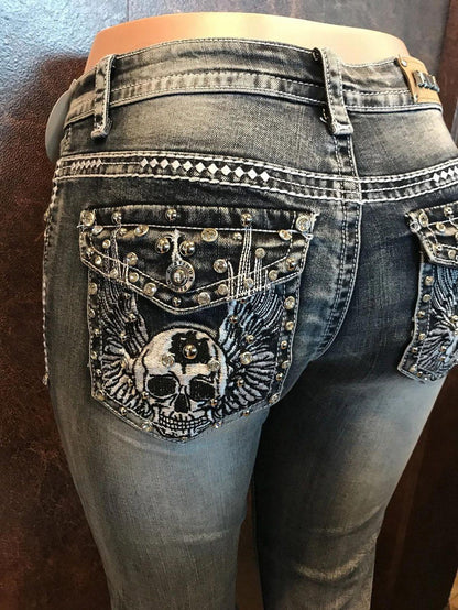 Retro Embroidered Skull Skinny Denim Jeans - Black Gray 3XL - Women's Fashion - Women's Clothing - Bottoms - Jeans