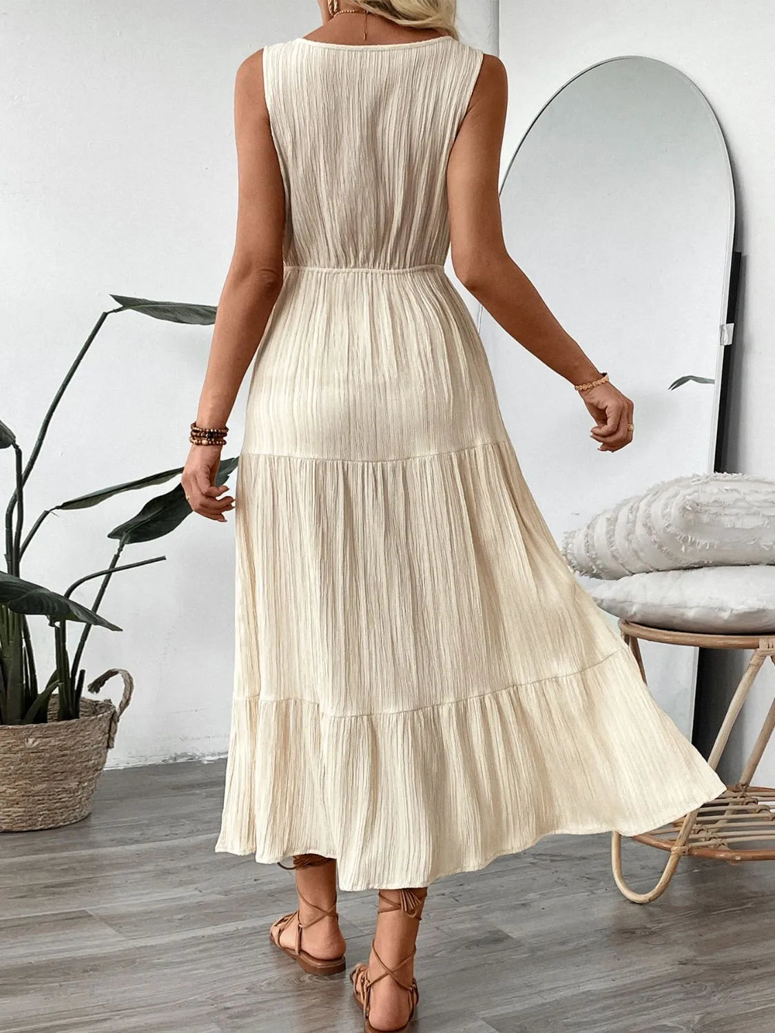 Decorative Button V-Neck Sleeveless Midi Tank Dress - -