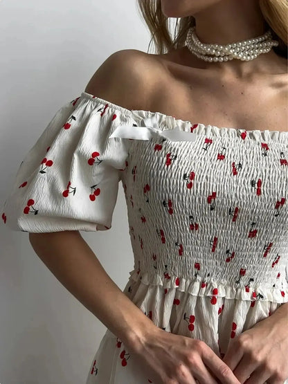 Puff Sleeve Cherry Print Smocked Mini Dress - -