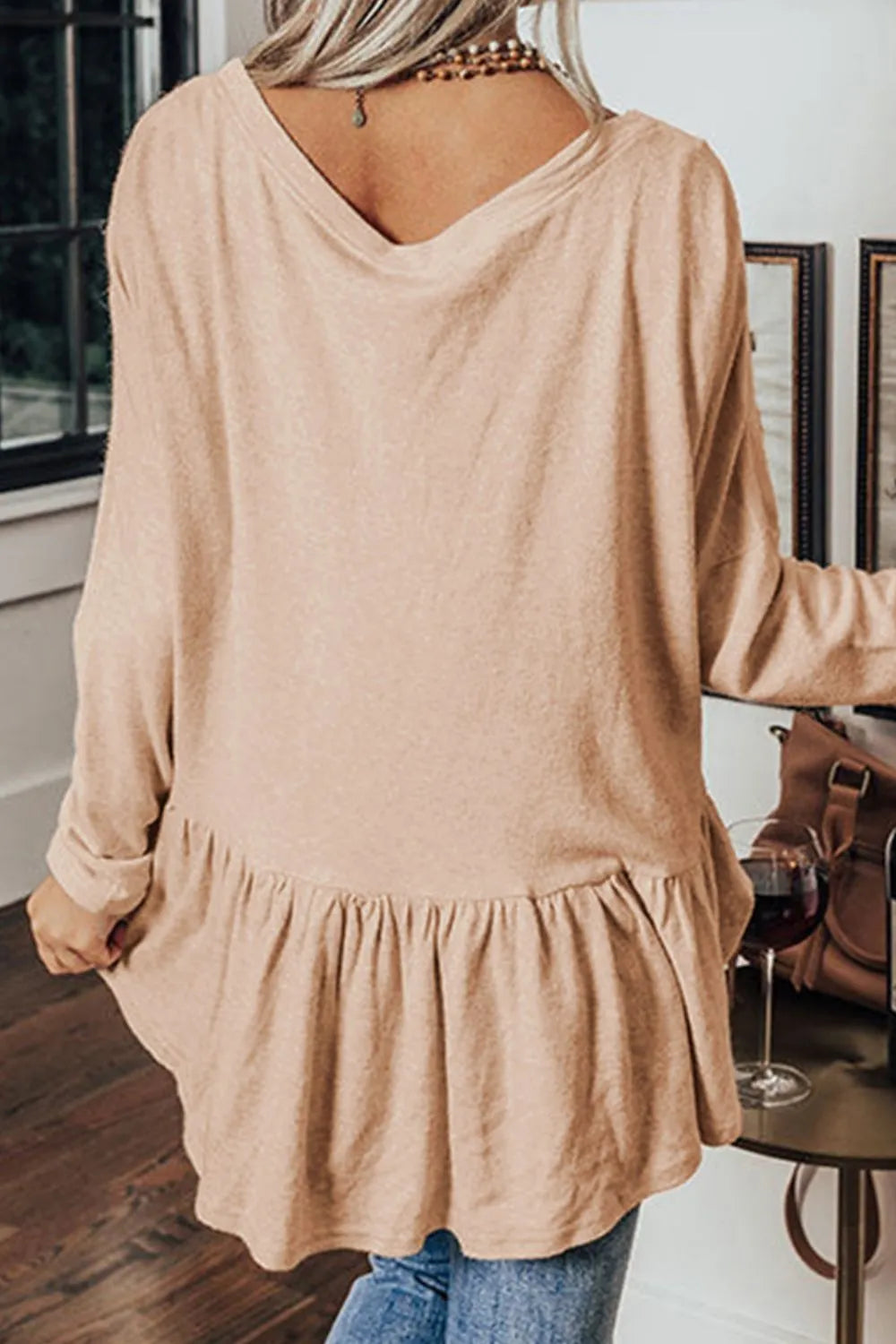 Curved Hem V-Neck Long Sleeve Top - -