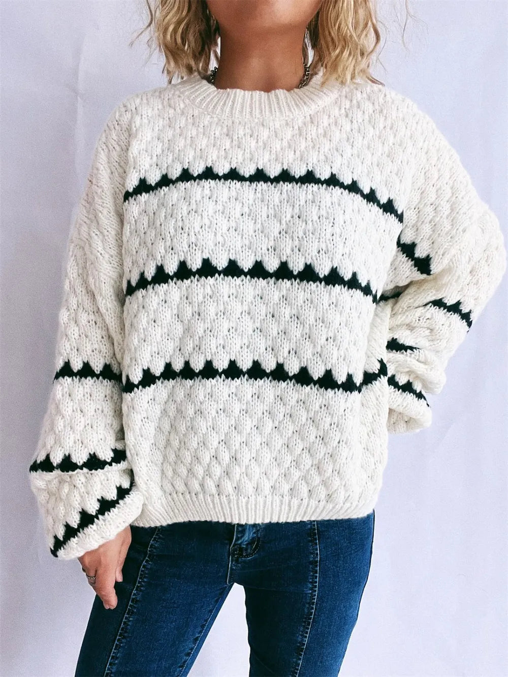 Contrast Stripes Round Neck Long Sleeve Sweater - -
