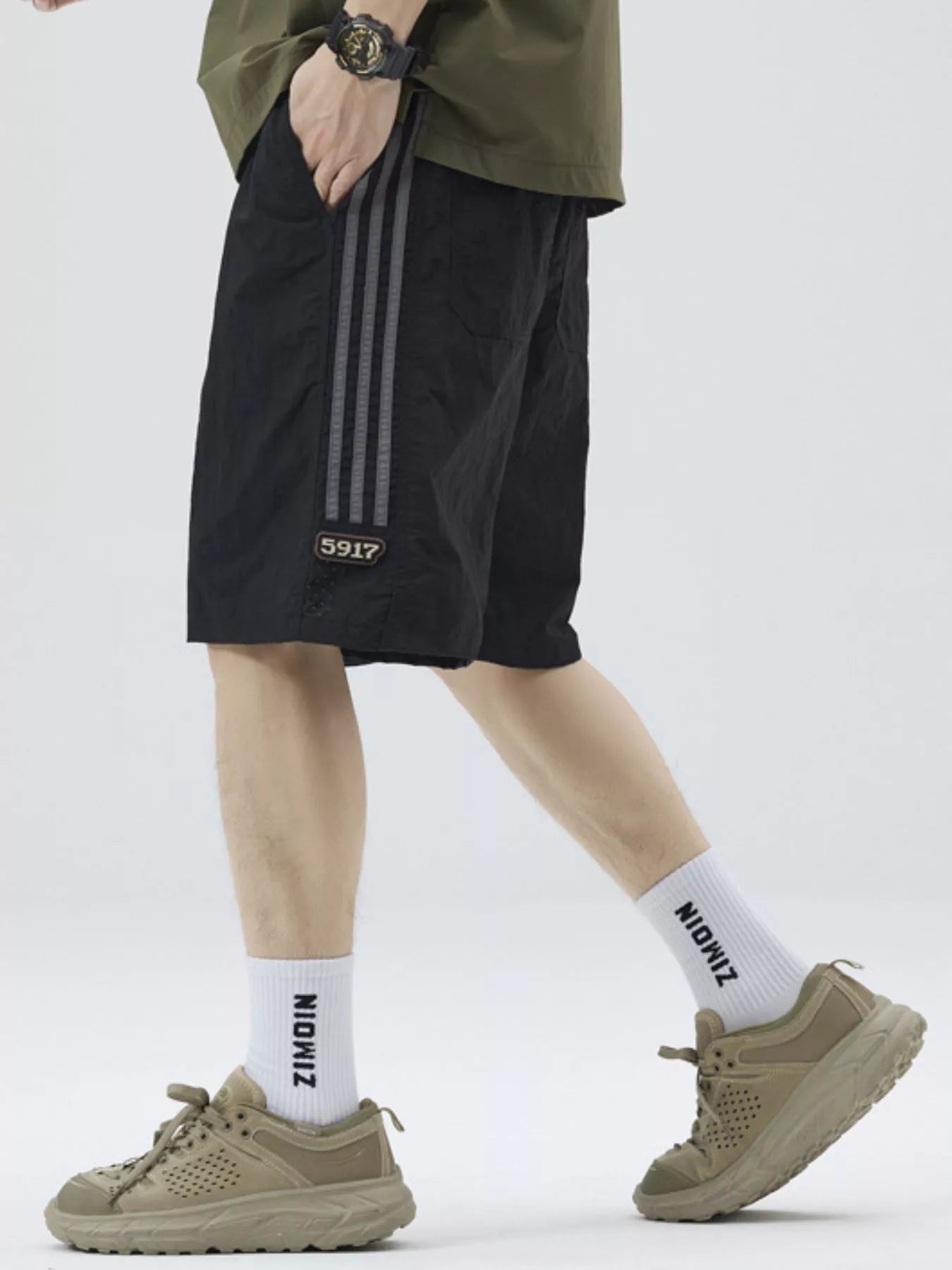 Men's Full Size Casual Loose-Fit Drawstring Shorts with Stripe Detail Plus Size - -