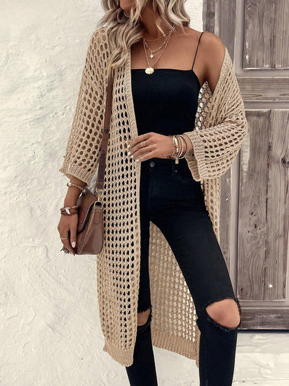 Hollow Knitted Long Cardigan Women - Apricot - 0