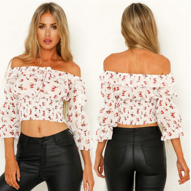 Off-Shoulder Pleated Short Sleeve Printed Top for Women - - Women's Fashion - Women's Clothing - Tops & Tees
