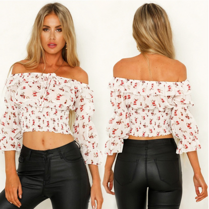Off-Shoulder Pleated Short Sleeve Printed Top for Women - - Women's Fashion - Women's Clothing - Tops & Tees
