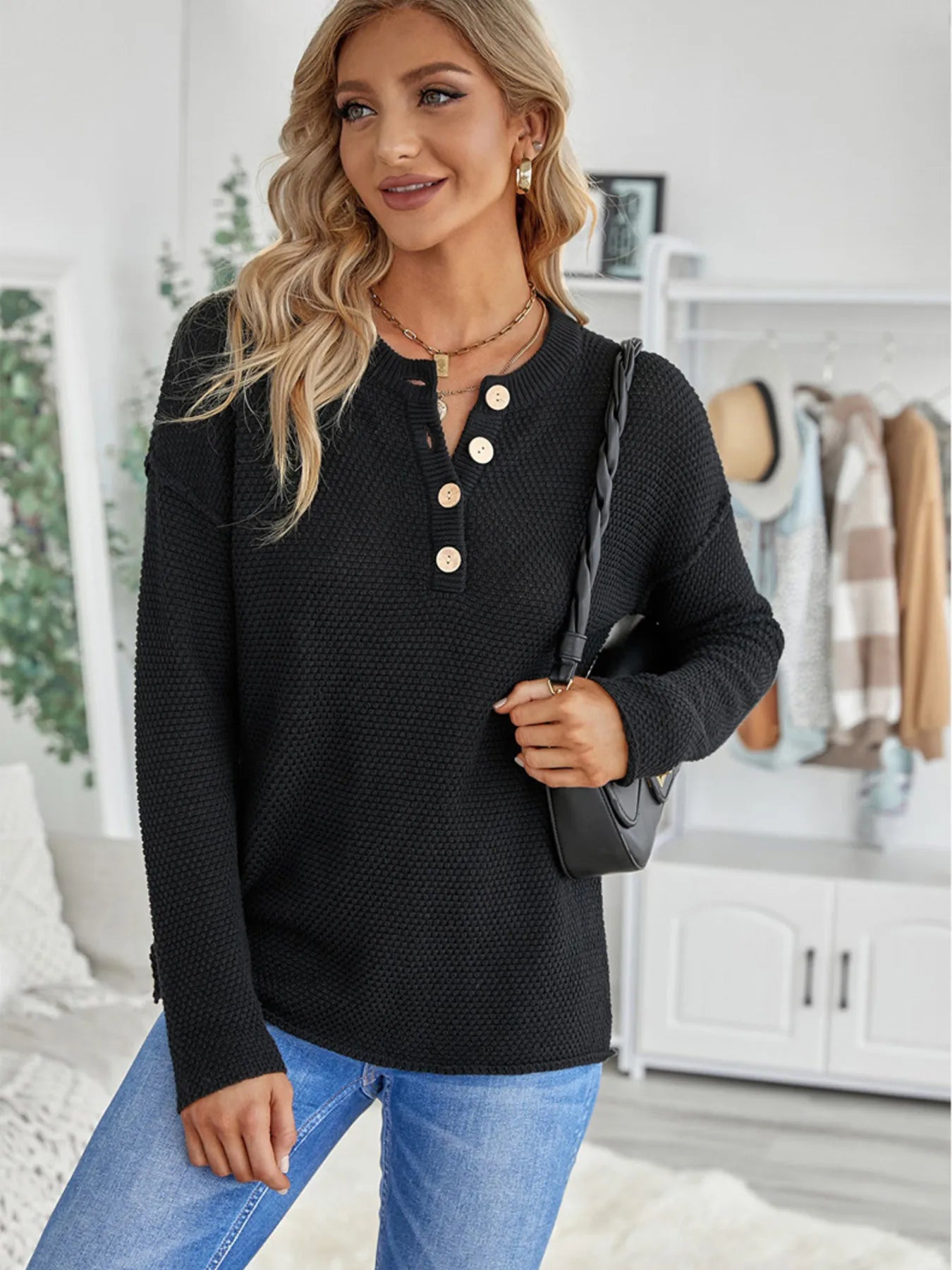 Button Detail Long Sleeve Knit Top - -