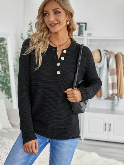 Button Detail Long Sleeve Knit Top - -