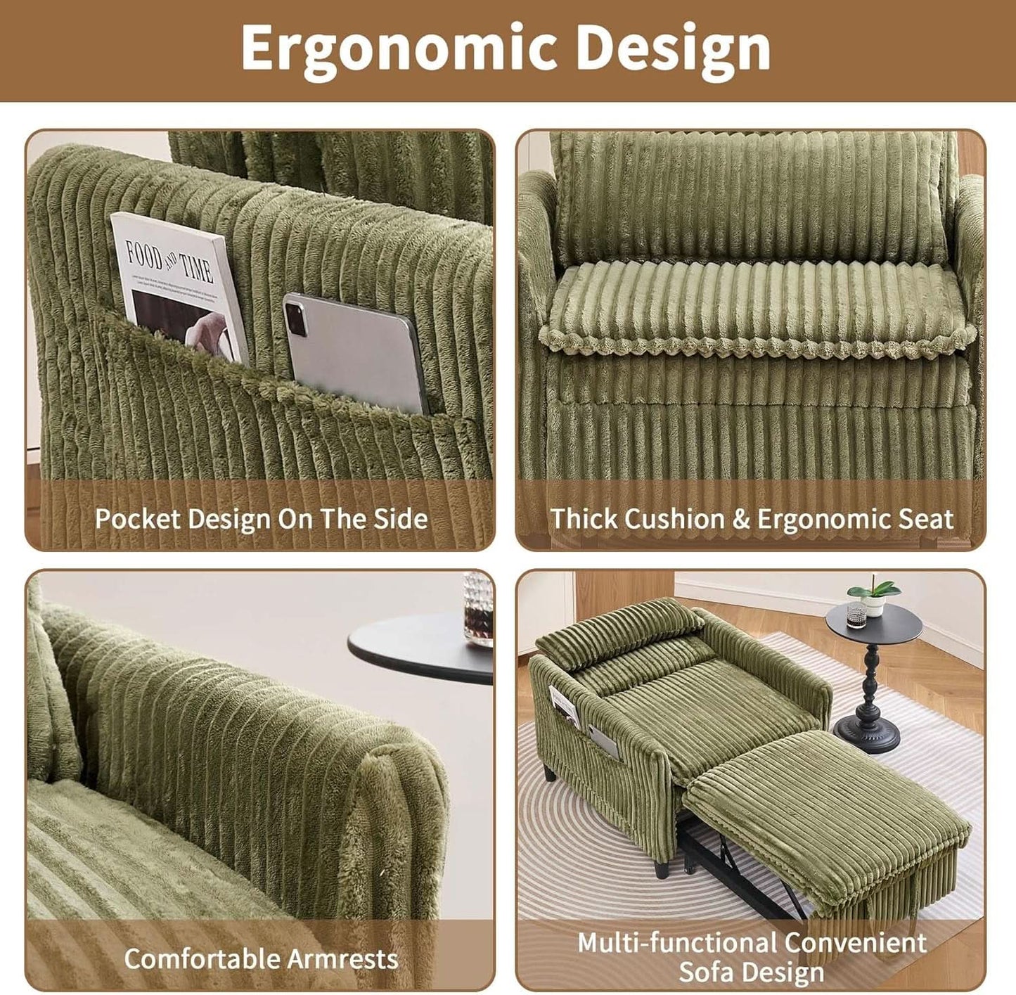 Corduroy Convertible Sofa Bed With Forest Green Fabric- ShipItFurniture- {{Product type}}