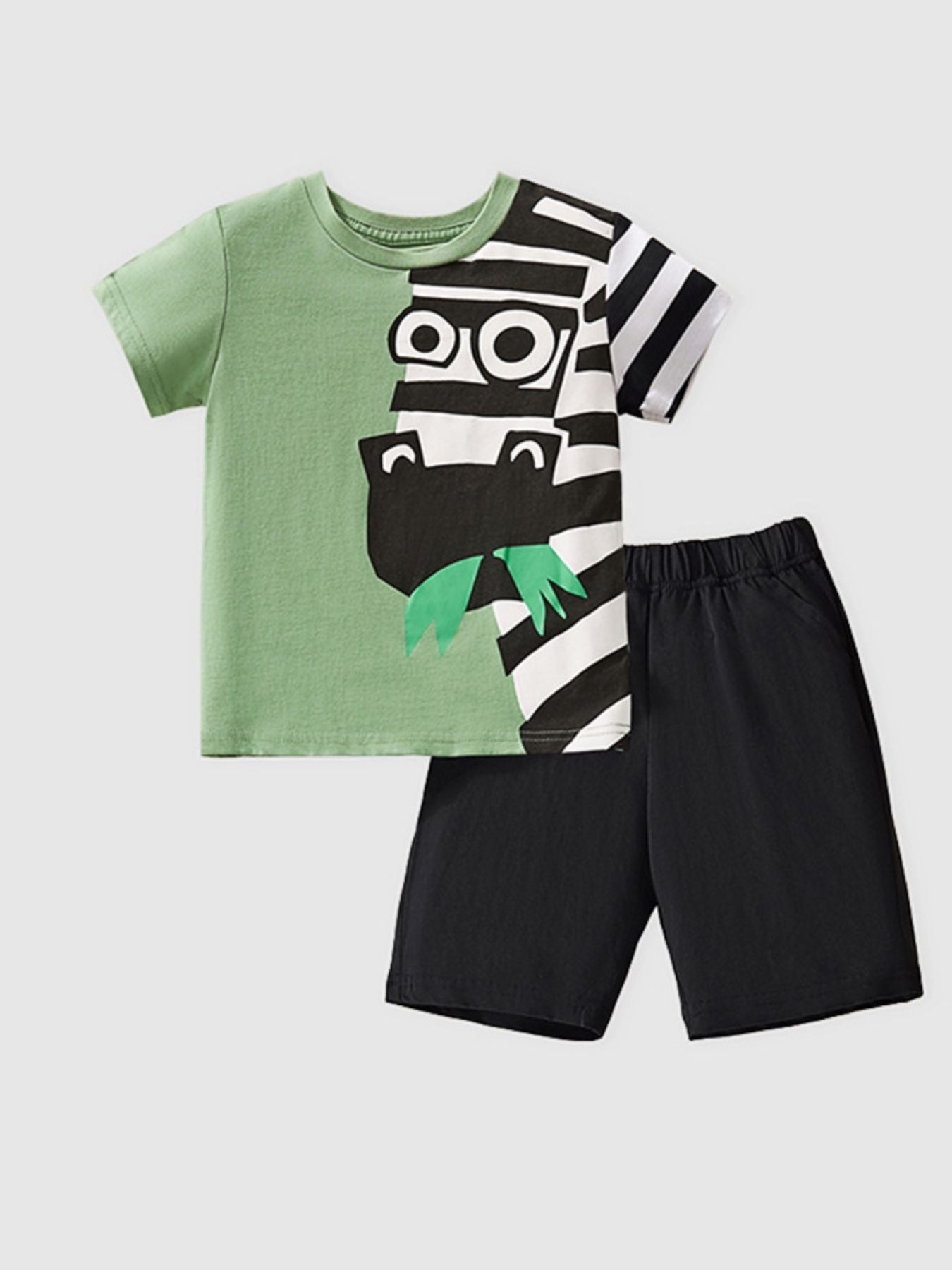 Children's Zebra Print Short Sleeve Tee and Shorts Set - Matcha Green -