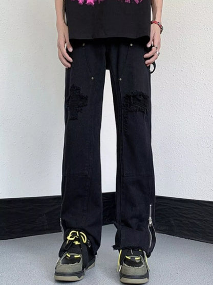 Men's Distressed Raw Hem Wide Leg Jeans - Black -