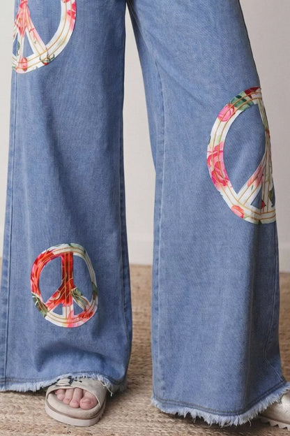 Floral Peace Sign Wide Leg Jeans - -