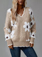 Floral V-Neck Long Sleeve Sweater - Khaki -