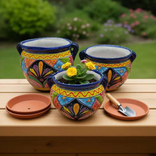 Small Cobalt Blue Rim Talavera Pot Trio Hand-Painted Planters - - Talavera Flower Pot