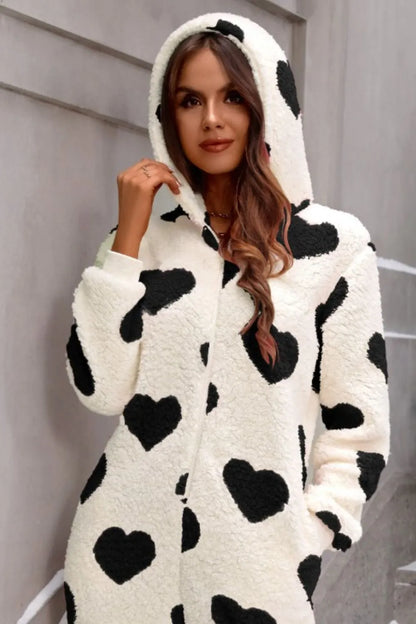 Fuzzy Heart Zip Up Hooded Lounge Jumpsuit - -