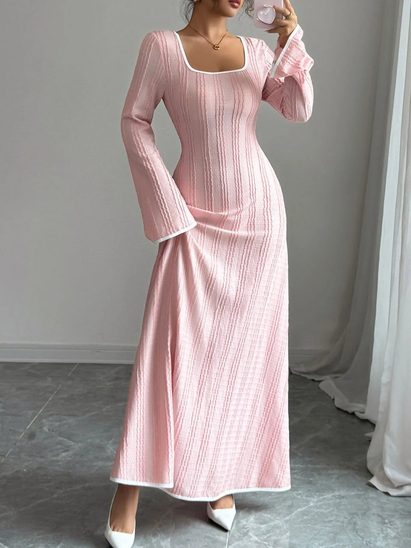 Textured Square Neck Long Sleeve Maxi Dress - -