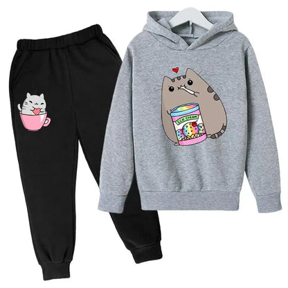 Cat Print Hoodie Clothing Sets grey