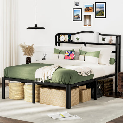 RmagineX Full Size 14 Inch Tall Black Metal Bed Frame with Charging Station - 14 Inch Full - bed frame