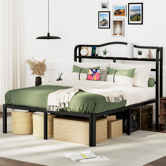 RmagineX Full Size Bed Frame with Headboard Full Bed Frame No Box Spring Needed 14 Inch Tall Black Metal Bed Frame with Charging Station Storage SpaceHeavy Duty & Anti Noisy - 14 Inch Full -