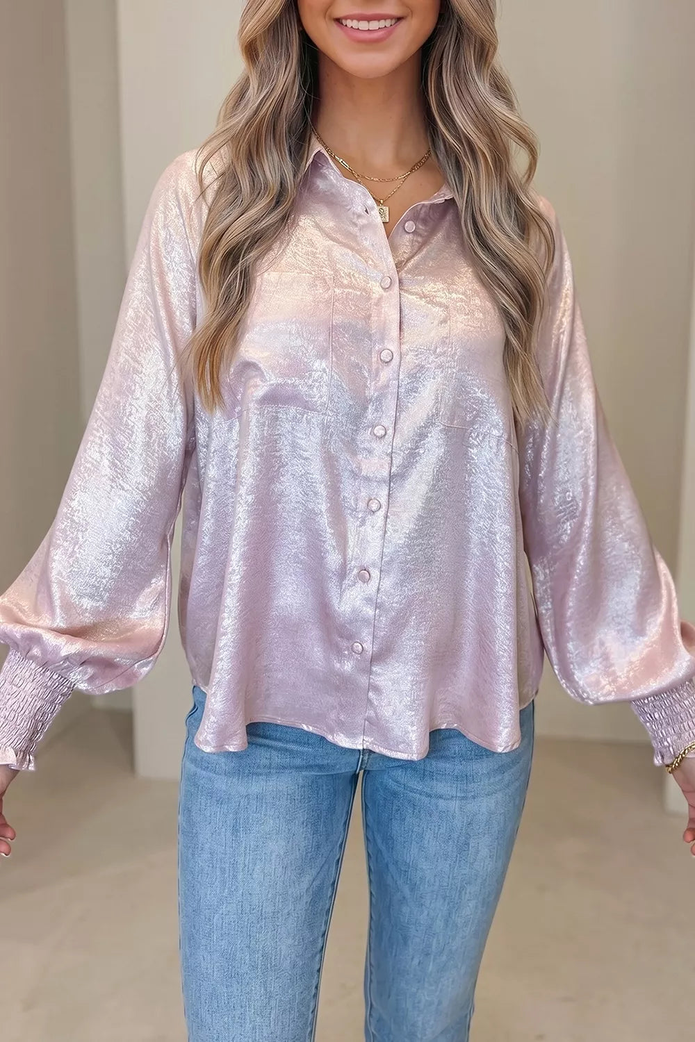 Long Sleeve Button Front Ruffle Cuffs Back Paneling Shirt - -