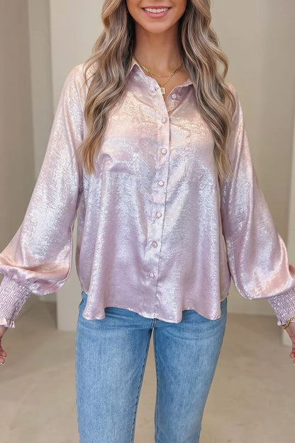 Long Sleeve Button Front Ruffle Cuffs Back Paneling Shirt - -