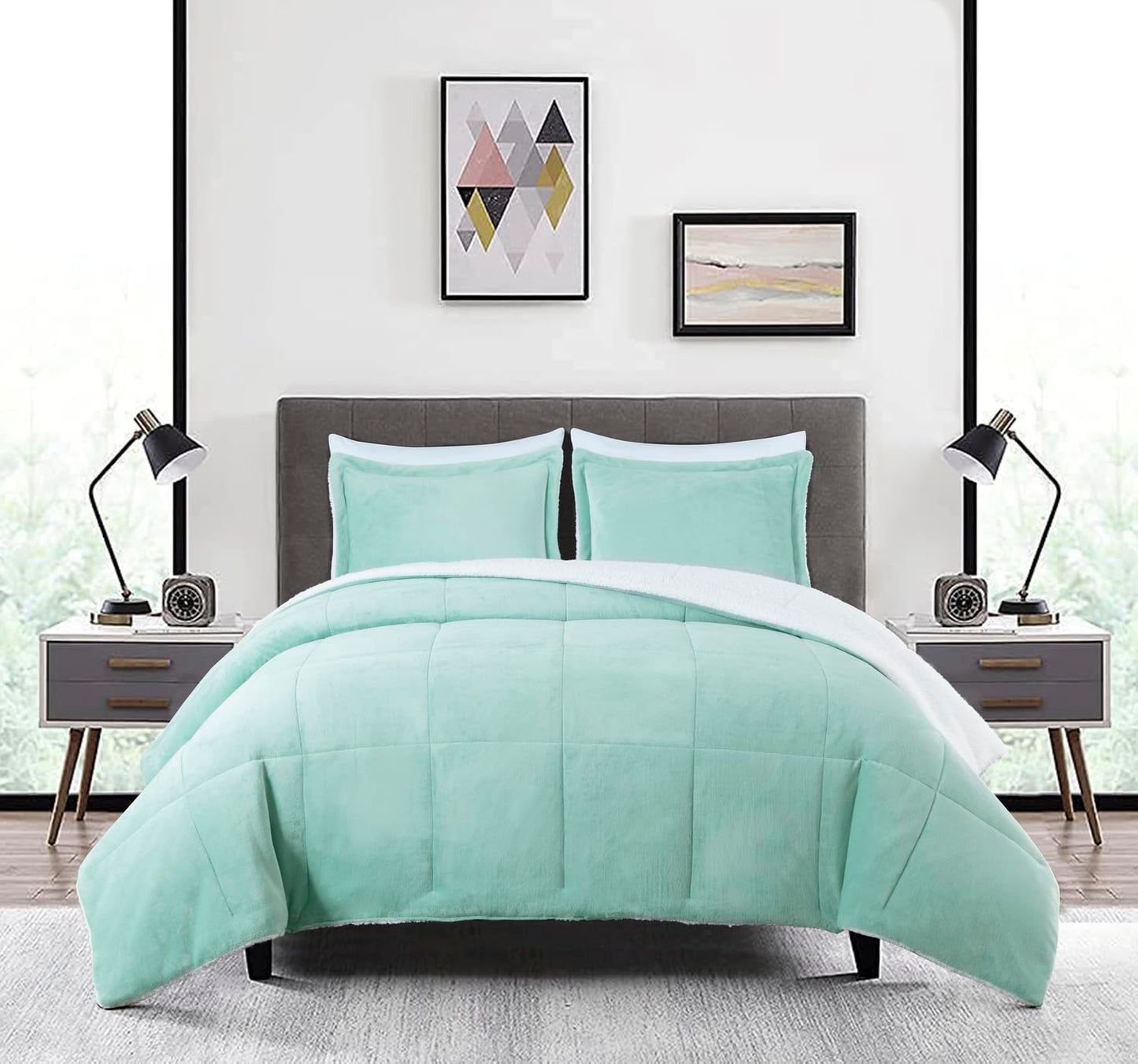 Chezmoi Collection Ultra-Soft Micromink Sherpa King Size Aqua Reversible 3-Piece Bed Set - Aqua King - blanket