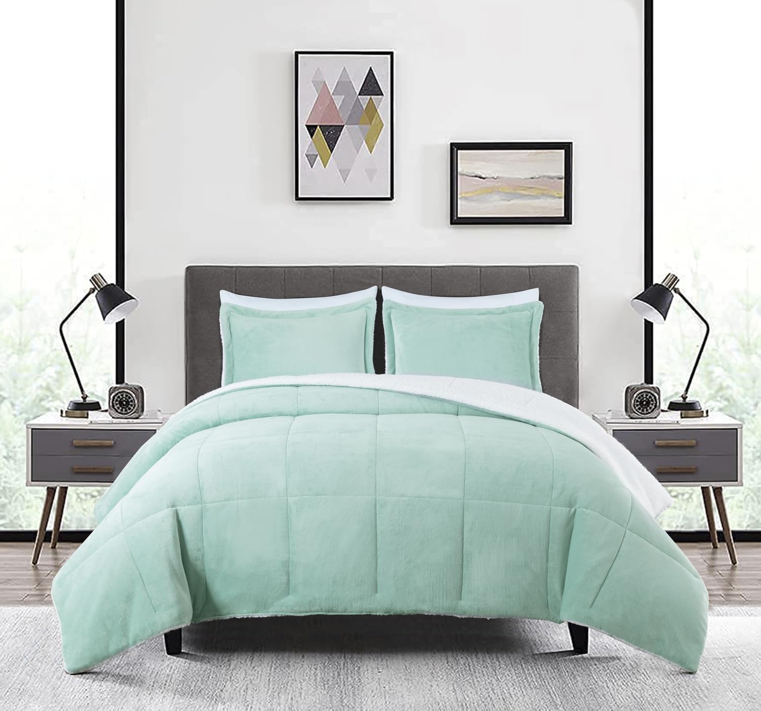 Chezmoi Collection Ultra-Soft Micromink Sherpa King Size Aqua Reversible 3-Piece Bed Set - Aqua King - blanket