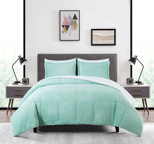 Chezmoi Collection Ultra-Soft Micromink Sherpa King Size Aqua Reversible 3-Piece Bed Set - Aqua King - blanket