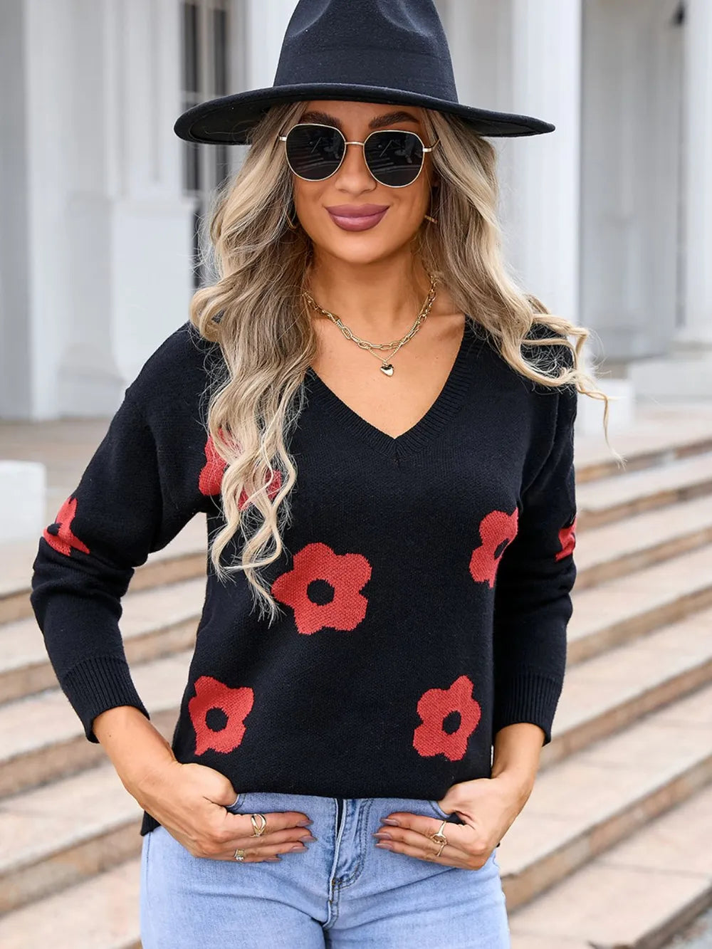 Angel Wings Flower V-Neck Long Sleeve Sweater - -