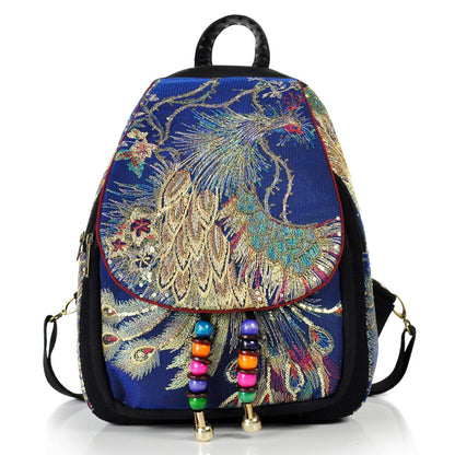 Retro Embroidered Peacock Backpack - - backpack