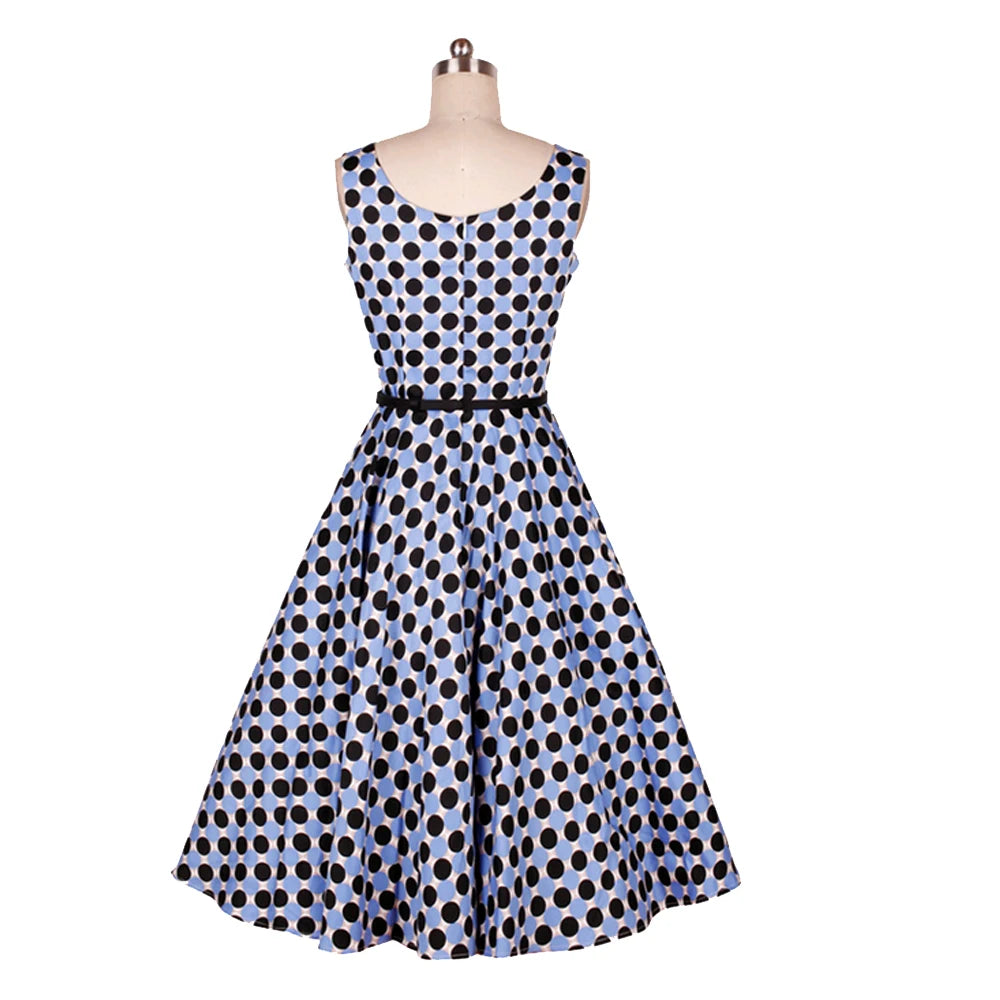 Retro Dress Blue and Black Polka Dot Boat Collar Adult Lady Girls Party Dress