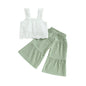 Ruffled Sleeveless Floral Crop Top and Wide Leg Pant Set green white