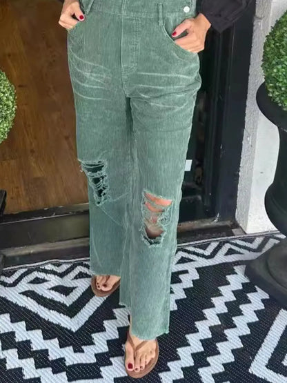 Distressed Wide Leg Corduroy Overalls - -