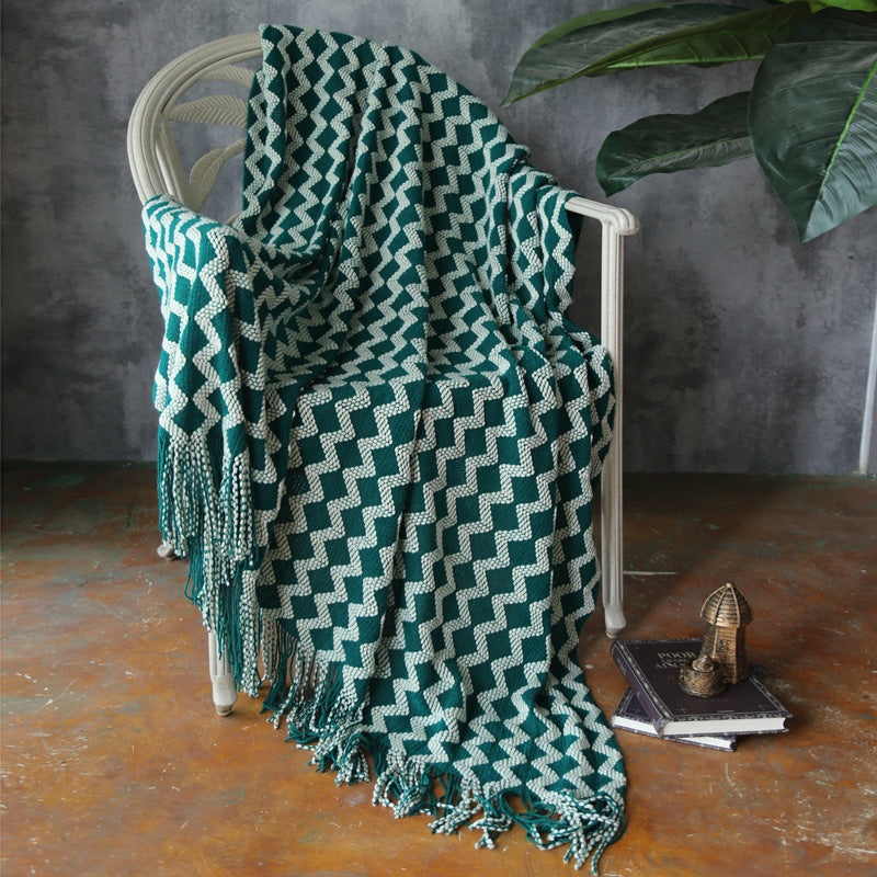 Geometric Knitted Chenille Throw Blanket - Green 120x230cm - Blankets