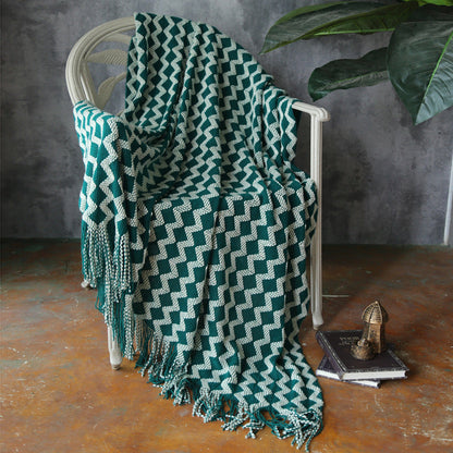 Geometric Knitted Chenille Throw Blanket - Green 120x230cm - Blankets