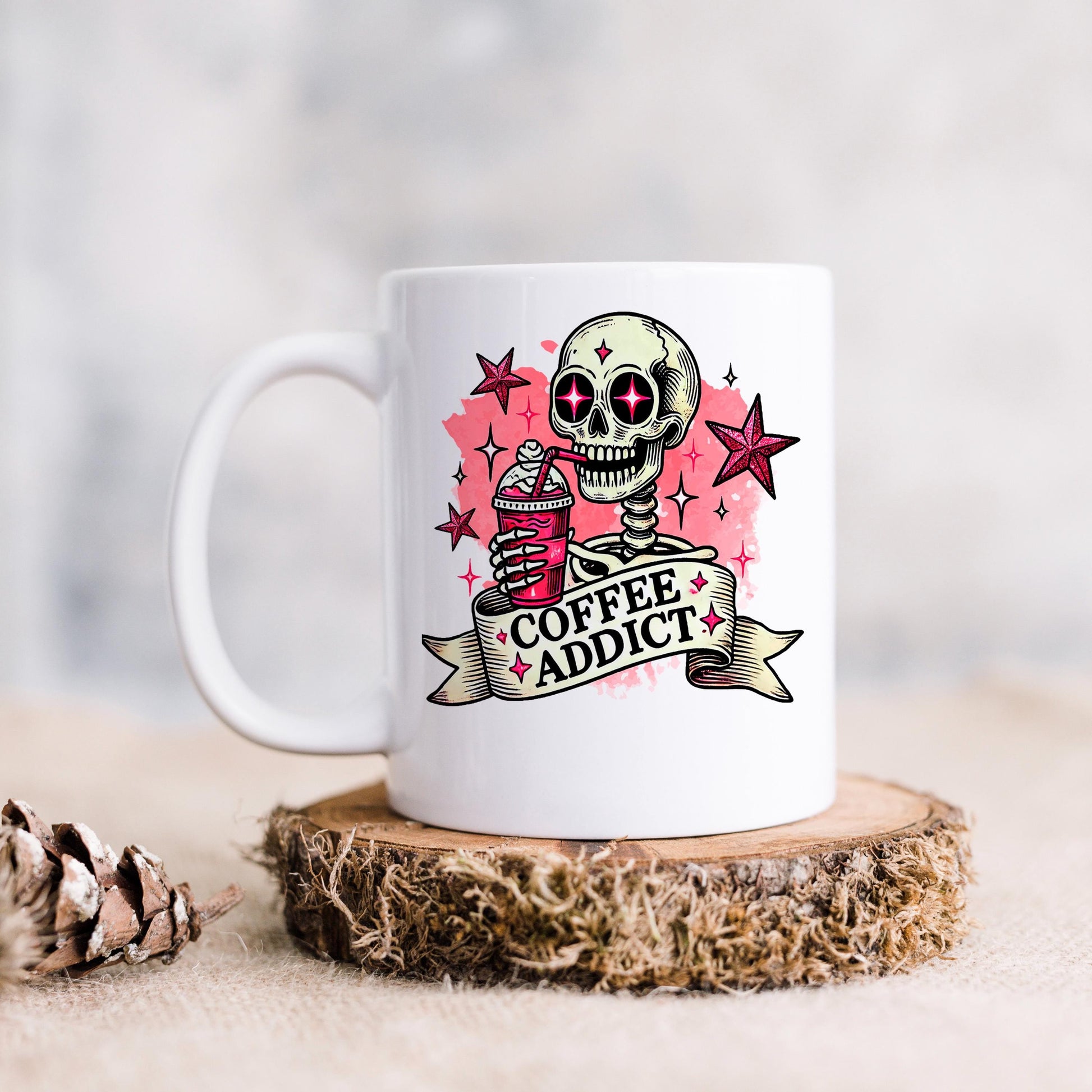 Coffee Addict Mug – Pink Skull Coffee Cup | Funny Caffeine Lover Gift, Ceramic, Dishwasher Safe - -